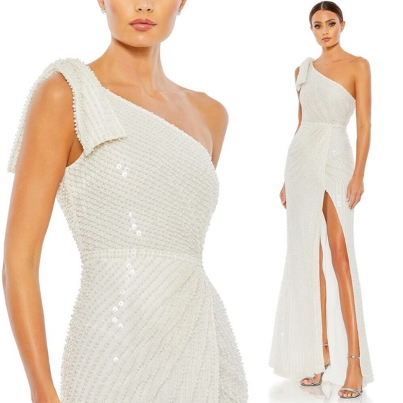 MAC DUGGAL 93735 Pearl Embellished Soft Tie One Shoulder Gown White 12 NEW - Picture 1 of 10